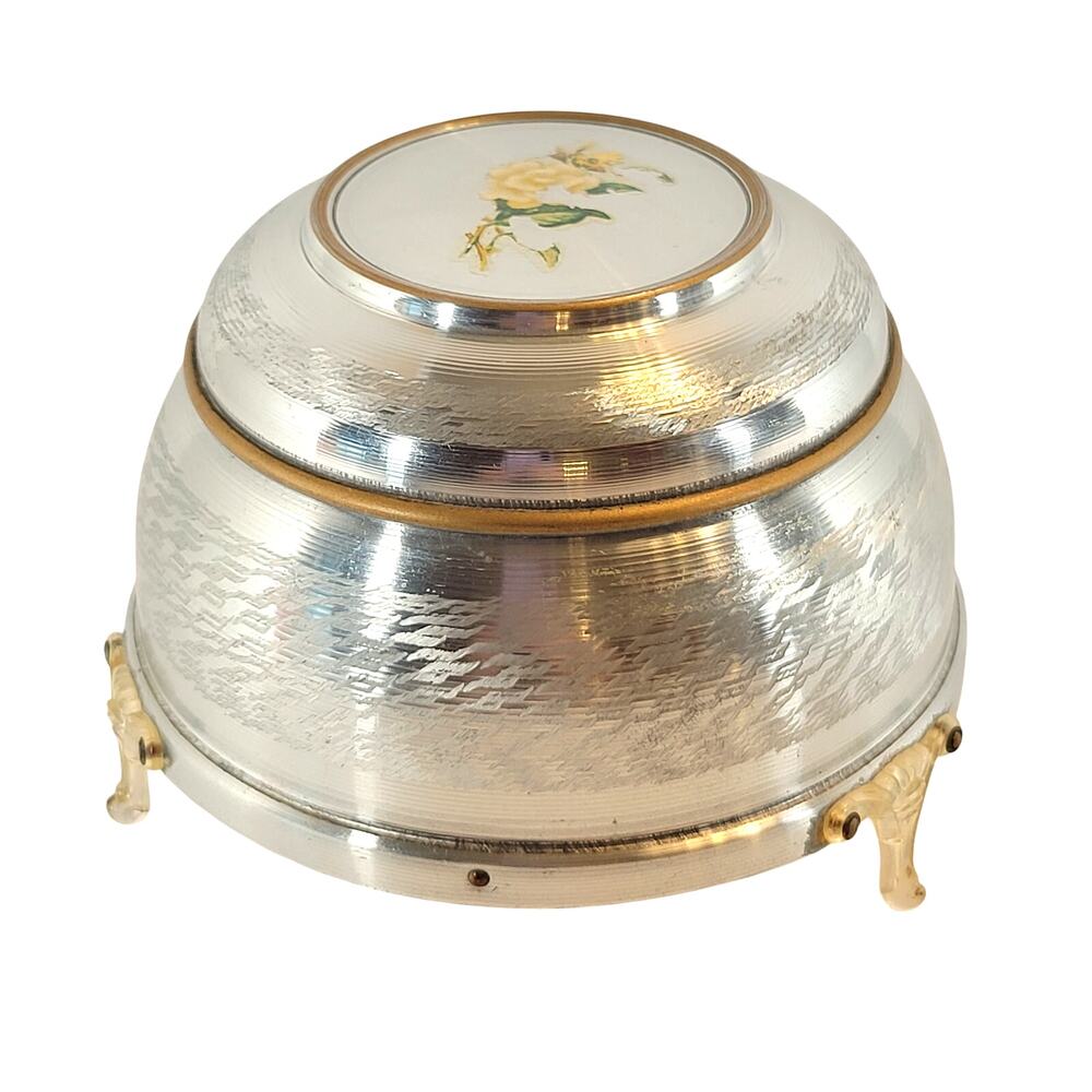 Vintage Prague Musical Powder Box Silver Tone Floral Lid 6" Plays Blue Danube